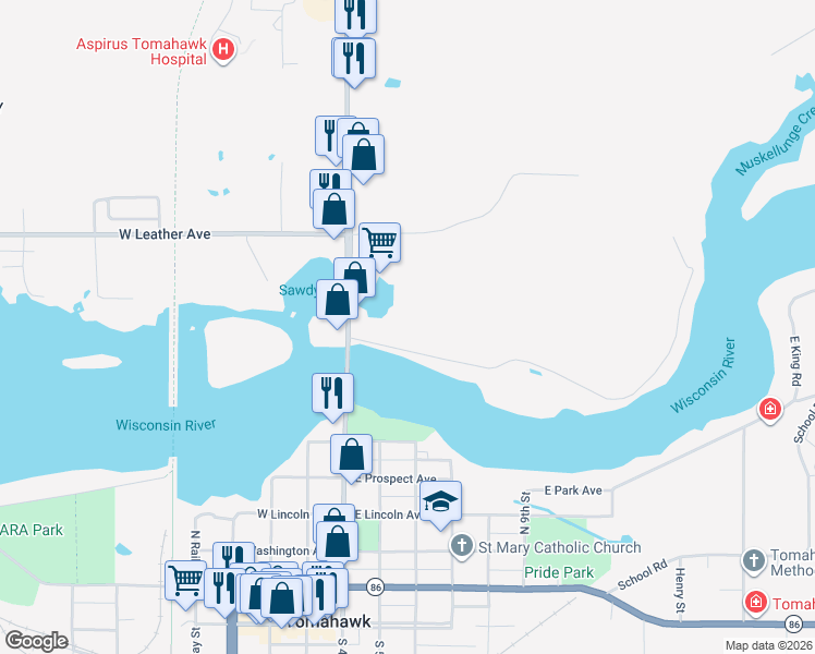 map of restaurants, bars, coffee shops, grocery stores, and more near 100 Deer Park Road in Tomahawk