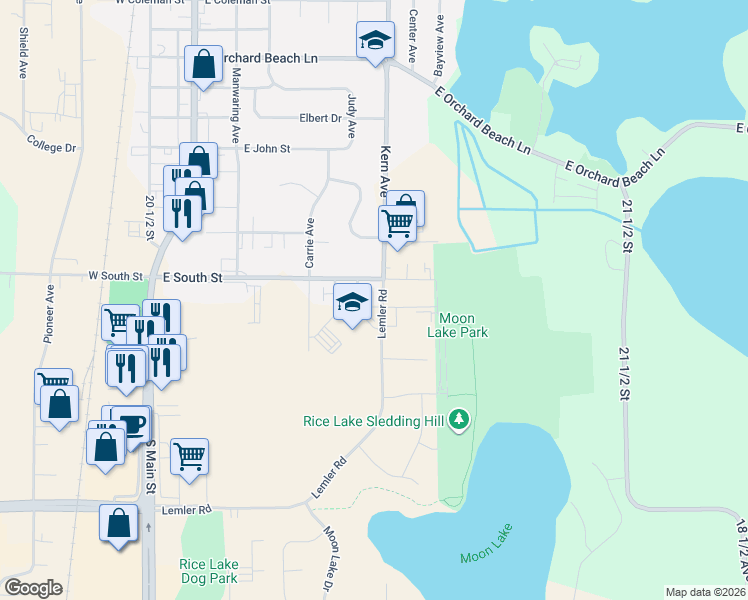 map of restaurants, bars, coffee shops, grocery stores, and more near 2025 Kern Avenue in Rice Lake