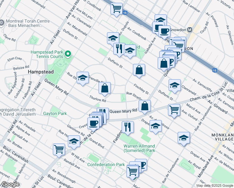 map of restaurants, bars, coffee shops, grocery stores, and more near 47 Rue Stratford in Hampstead