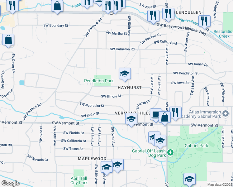 map of restaurants, bars, coffee shops, grocery stores, and more near 5135 Southwest Nebraska Street in Portland