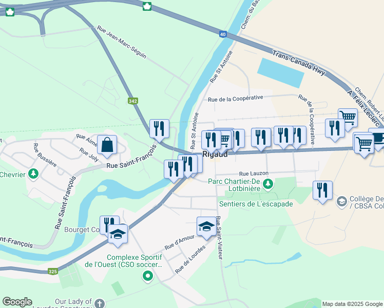 map of restaurants, bars, coffee shops, grocery stores, and more near 433 Chemin de la Grande-Ligne in Rigaud