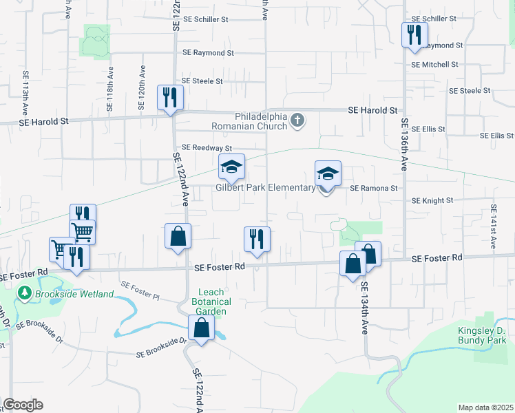 map of restaurants, bars, coffee shops, grocery stores, and more near 5925 Southeast 128th Avenue in Portland