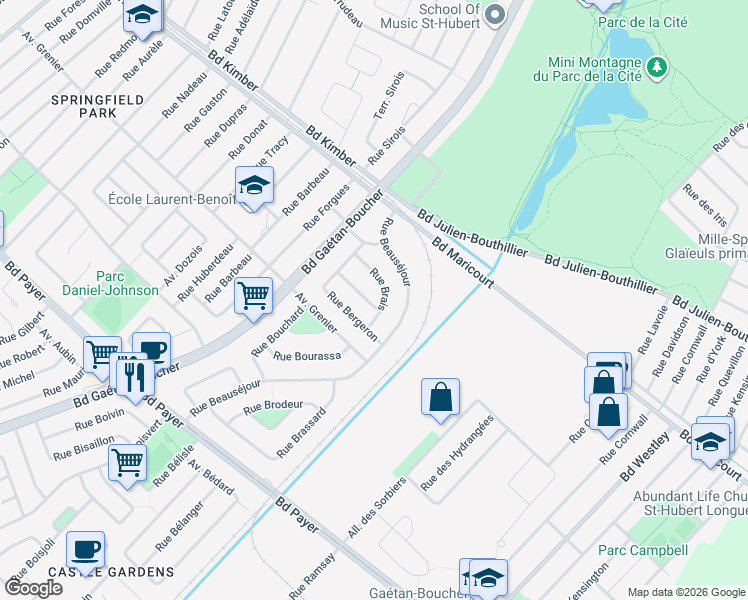 map of restaurants, bars, coffee shops, grocery stores, and more near 6140 Avenue Brunet in Longueuil