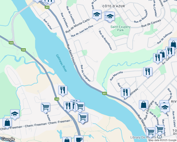 map of restaurants, bars, coffee shops, grocery stores, and more near 31 Rue de Lenoir in Gatineau