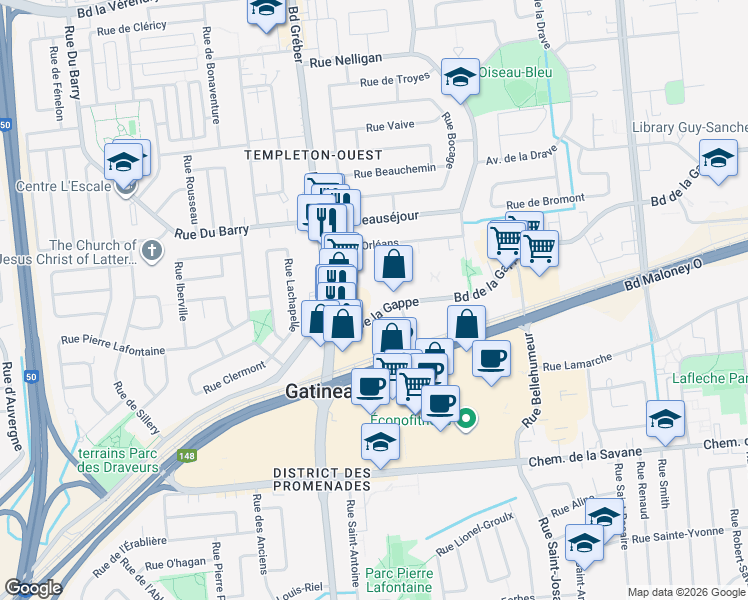 map of restaurants, bars, coffee shops, grocery stores, and more near 465 Boulevard de la Gappe in Gatineau
