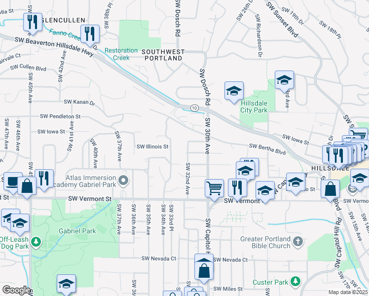 map of restaurants, bars, coffee shops, grocery stores, and more near 3202 Southwest Bertha Boulevard in Portland