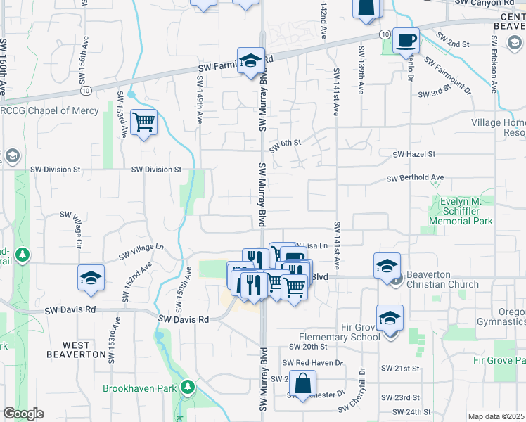 map of restaurants, bars, coffee shops, grocery stores, and more near 5600 Southwest Murray Boulevard in Beaverton