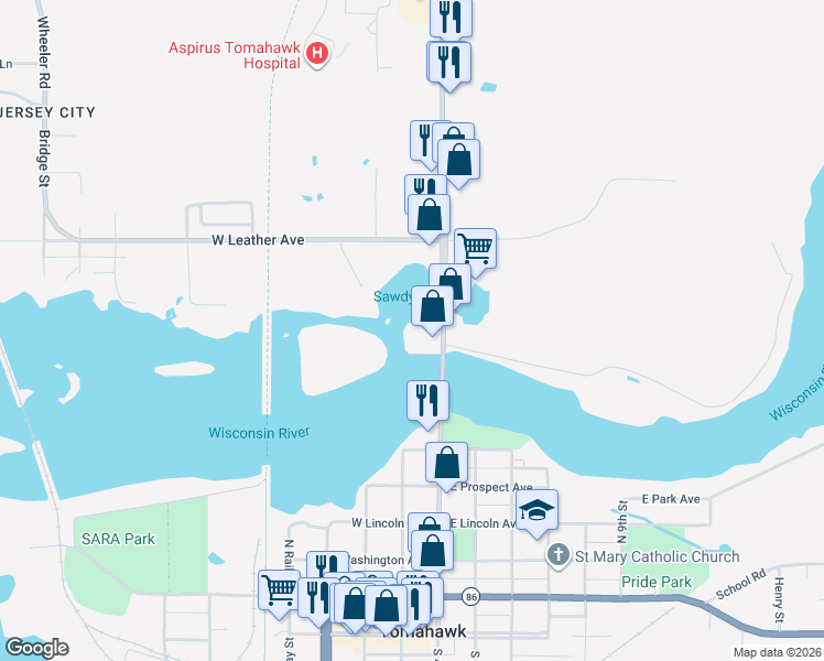 map of restaurants, bars, coffee shops, grocery stores, and more near 629 North 4th Street in Tomahawk