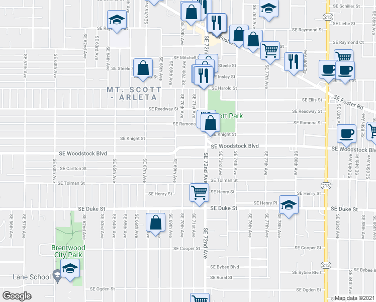 map of restaurants, bars, coffee shops, grocery stores, and more near 7026 Southeast Knight Street in Portland