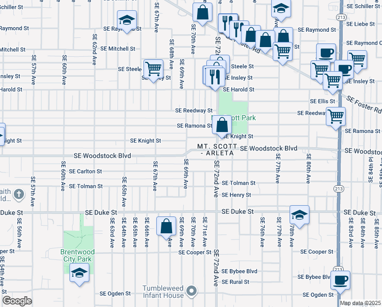 map of restaurants, bars, coffee shops, grocery stores, and more near 6850 Southeast Knight Street in Portland