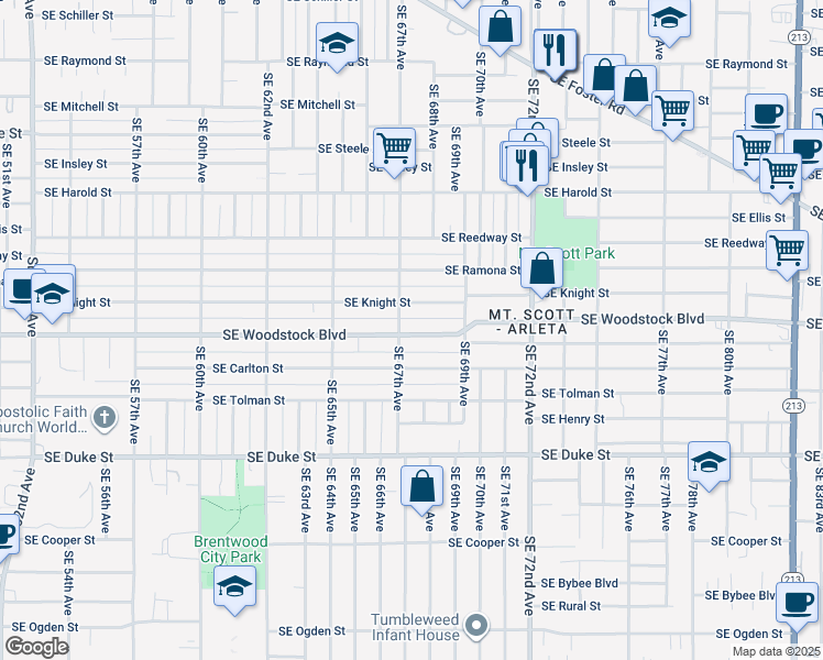 map of restaurants, bars, coffee shops, grocery stores, and more near 6740 Southeast Knight Street in Portland
