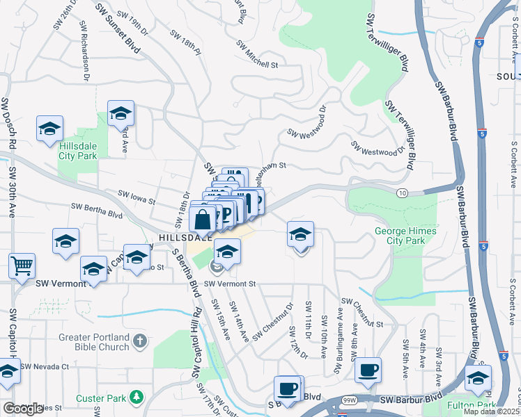 map of restaurants, bars, coffee shops, grocery stores, and more near 1264 Southwest Cheltenham Street in Portland