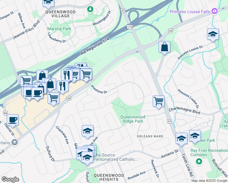 map of restaurants, bars, coffee shops, grocery stores, and more near 377 Monica Crescent in Ottawa
