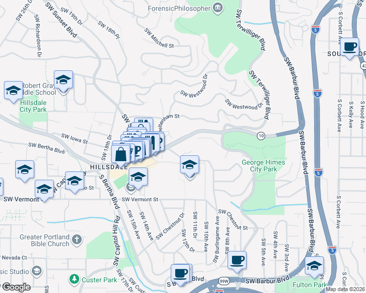 map of restaurants, bars, coffee shops, grocery stores, and more near 6196 Southwest Capitol Highway in Portland