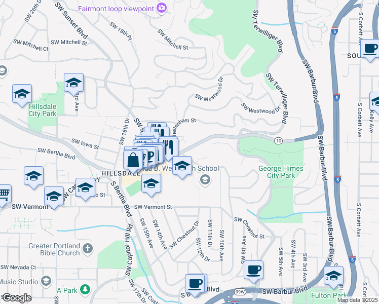 map of restaurants, bars, coffee shops, grocery stores, and more near 6171 Southwest Capitol Highway in Portland