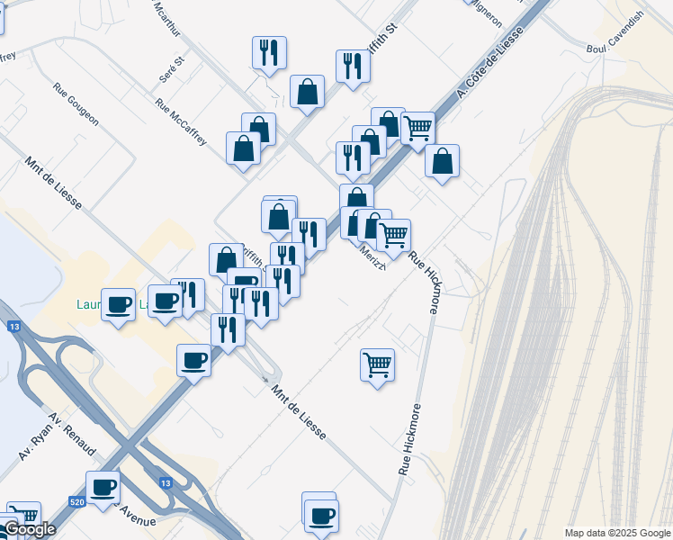 map of restaurants, bars, coffee shops, grocery stores, and more near 7300 Chemin de la Côte-de-Liesse in Montréal