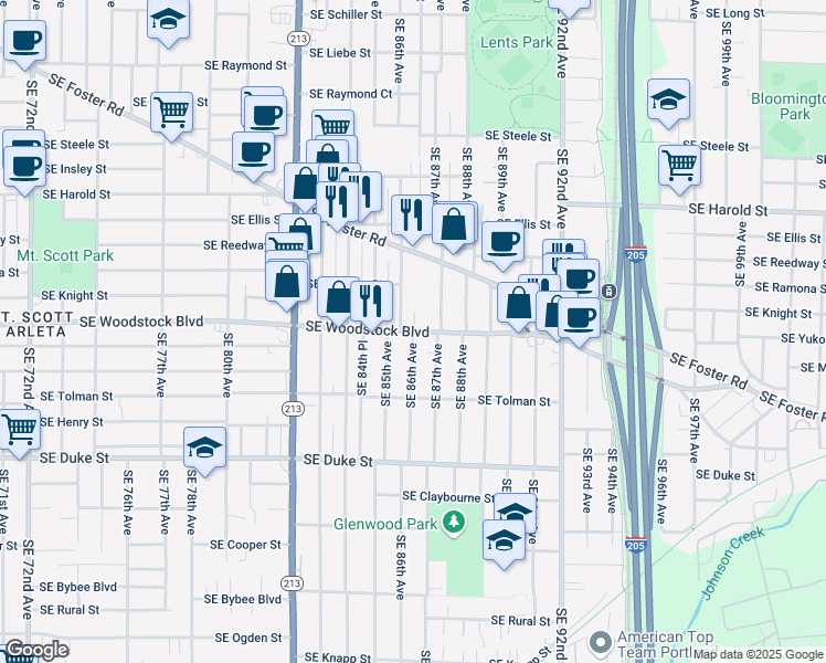 map of restaurants, bars, coffee shops, grocery stores, and more near SE Woodstock Blvd & SE 86th Ave in Portland