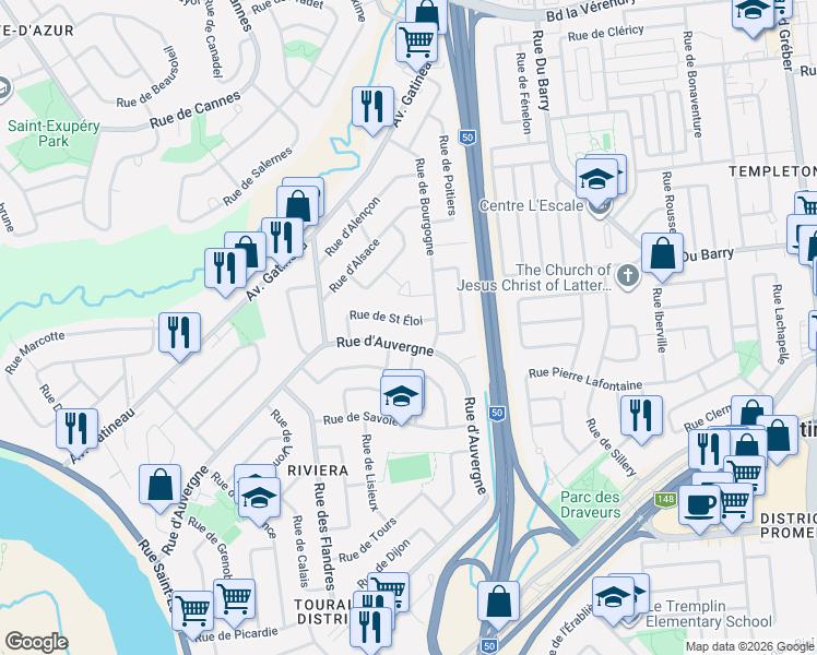 map of restaurants, bars, coffee shops, grocery stores, and more near 29 Rue de Saint Éloi in Gatineau