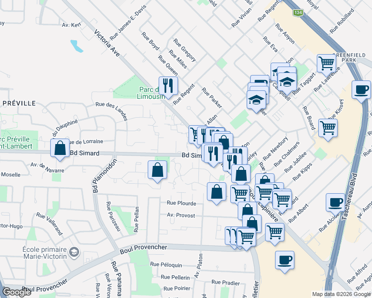 map of restaurants, bars, coffee shops, grocery stores, and more near 207 Place de Strasbourg in Longueuil