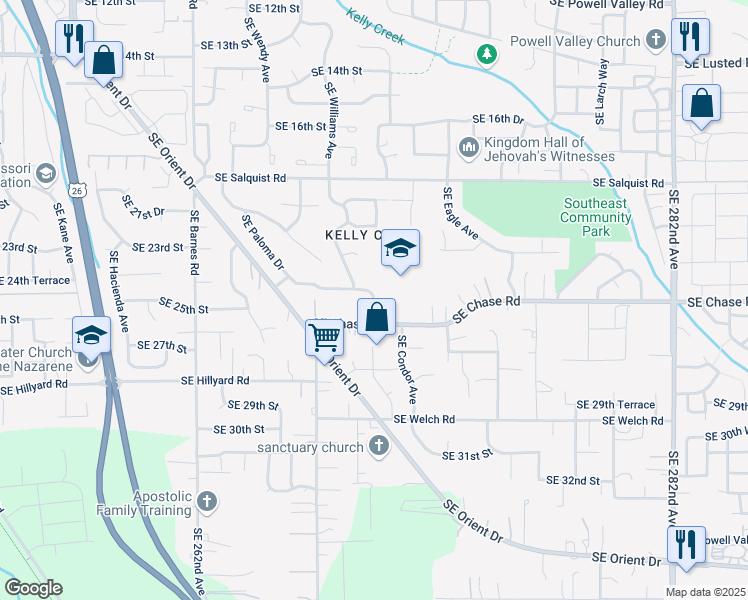 map of restaurants, bars, coffee shops, grocery stores, and more near 2400 Southeast Baker Way in Gresham