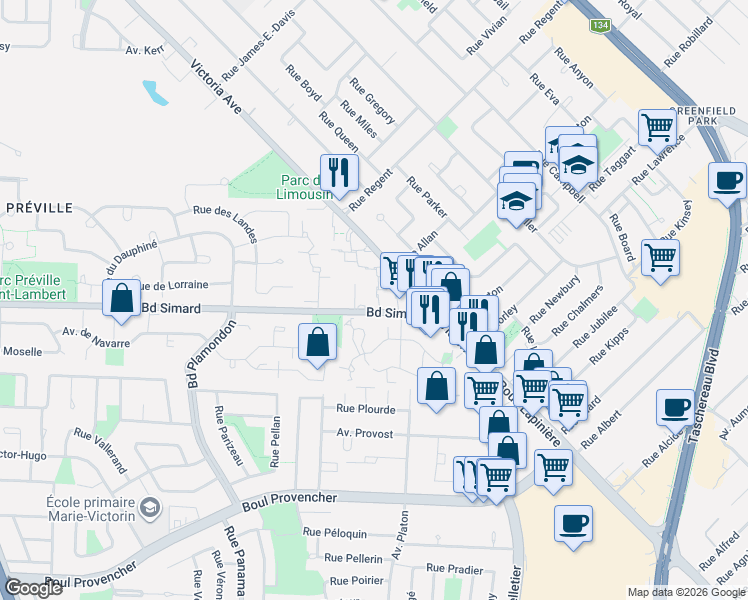 map of restaurants, bars, coffee shops, grocery stores, and more near 207 Place de Strasbourg in Longueuil
