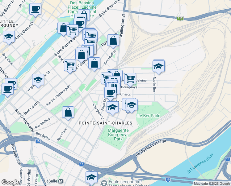 map of restaurants, bars, coffee shops, grocery stores, and more near 1992 Rue Wellington in Montréal