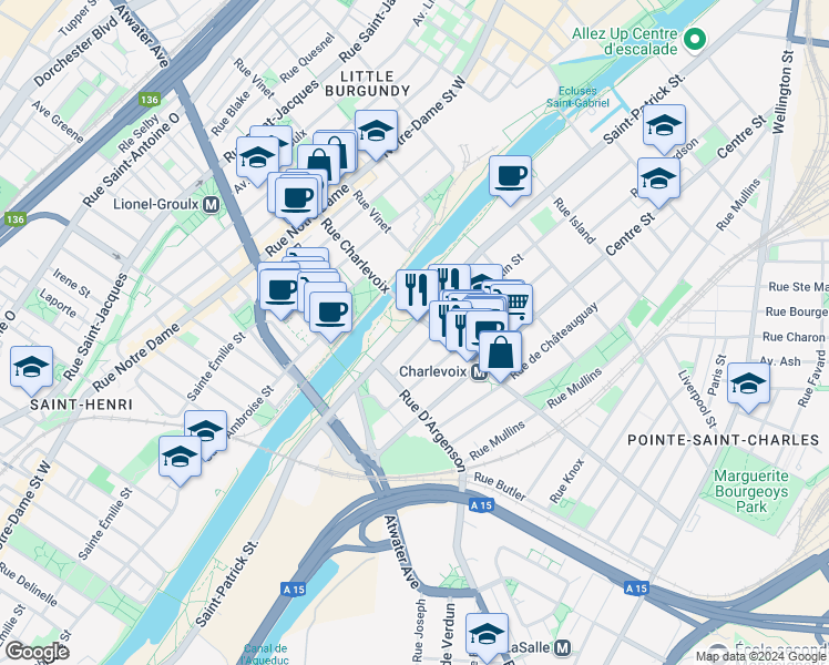 map of restaurants, bars, coffee shops, grocery stores, and more near in Montreal