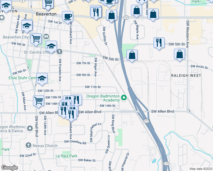 map of restaurants, bars, coffee shops, grocery stores, and more near 5482 Southwest Alger Avenue in Beaverton