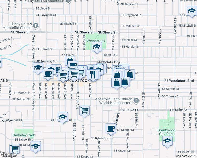map of restaurants, bars, coffee shops, grocery stores, and more near 5829 Southeast 50th Avenue in Portland