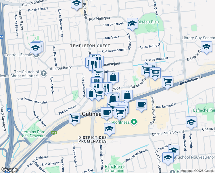 map of restaurants, bars, coffee shops, grocery stores, and more near 465 Boulevard de la Gappe in Gatineau