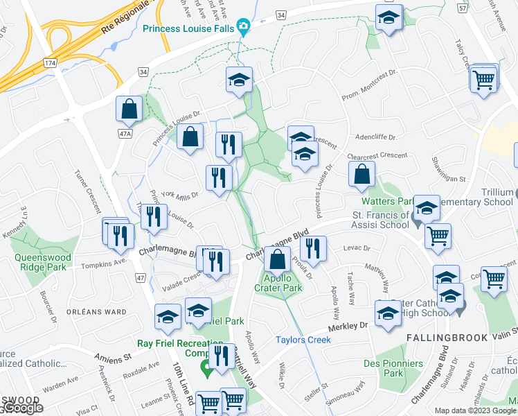 map of restaurants, bars, coffee shops, grocery stores, and more near Briarfield Crescent in Ottawa