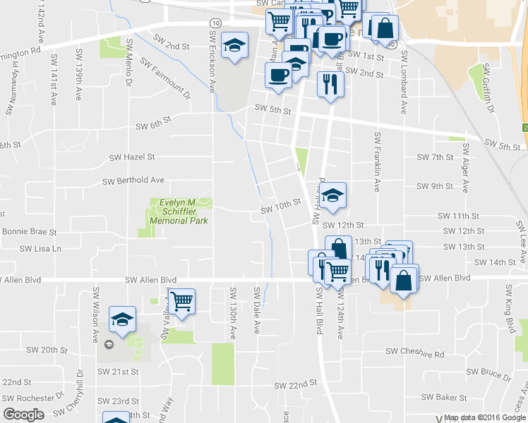map of restaurants, bars, coffee shops, grocery stores, and more near 12900 Southwest 10th Street in Beaverton