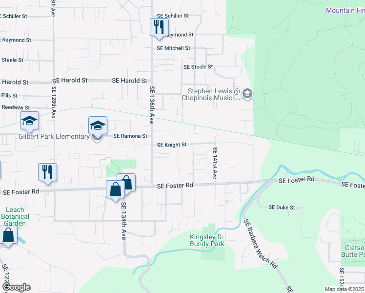 map of restaurants, bars, coffee shops, grocery stores, and more near 13802 Southeast Ramona Street in Portland