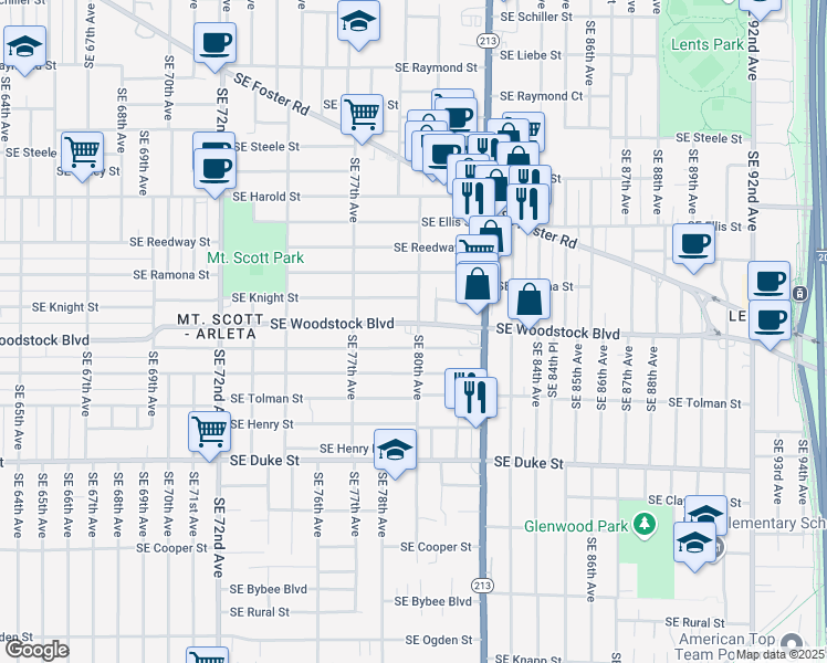 map of restaurants, bars, coffee shops, grocery stores, and more near 5936 Southeast 80th Avenue in Portland