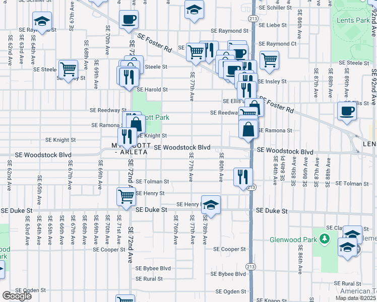 map of restaurants, bars, coffee shops, grocery stores, and more near 5915 Southeast 77th Avenue in Portland