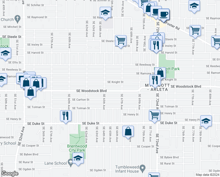 map of restaurants, bars, coffee shops, grocery stores, and more near 6508 Southeast Knight Street in Portland