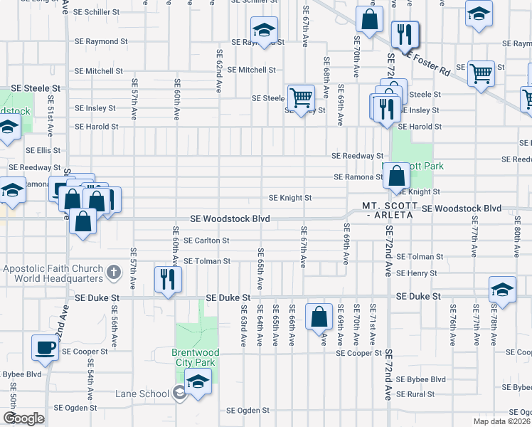 map of restaurants, bars, coffee shops, grocery stores, and more near 6508 Southeast Knight Street in Portland