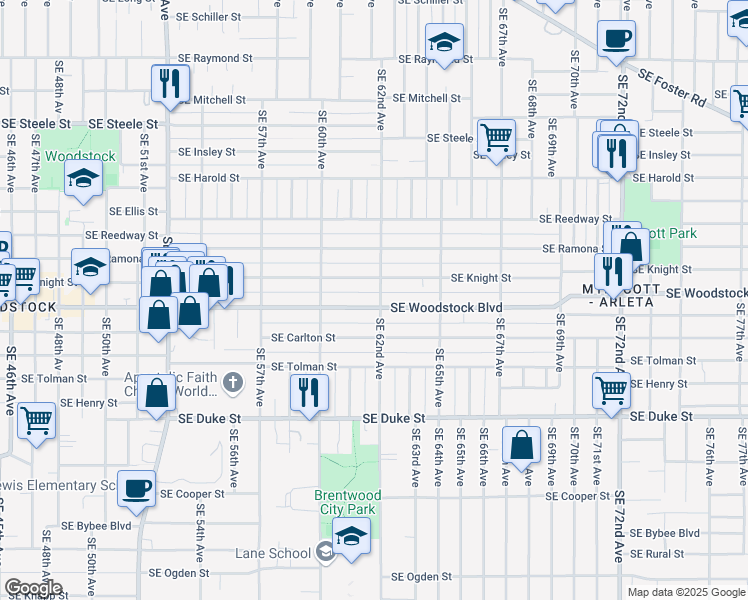 map of restaurants, bars, coffee shops, grocery stores, and more near 6212 Southeast Knight Street in Portland