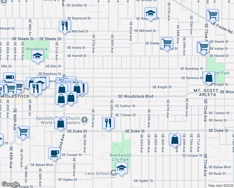 map of restaurants, bars, coffee shops, grocery stores, and more near 6056 Southeast Knight Street in Portland