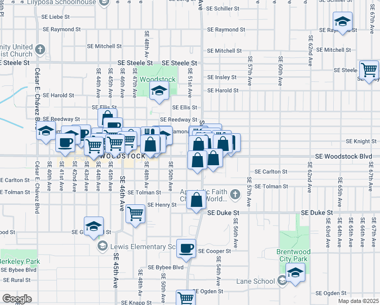 map of restaurants, bars, coffee shops, grocery stores, and more near 5820 Southeast 51st Avenue in Portland