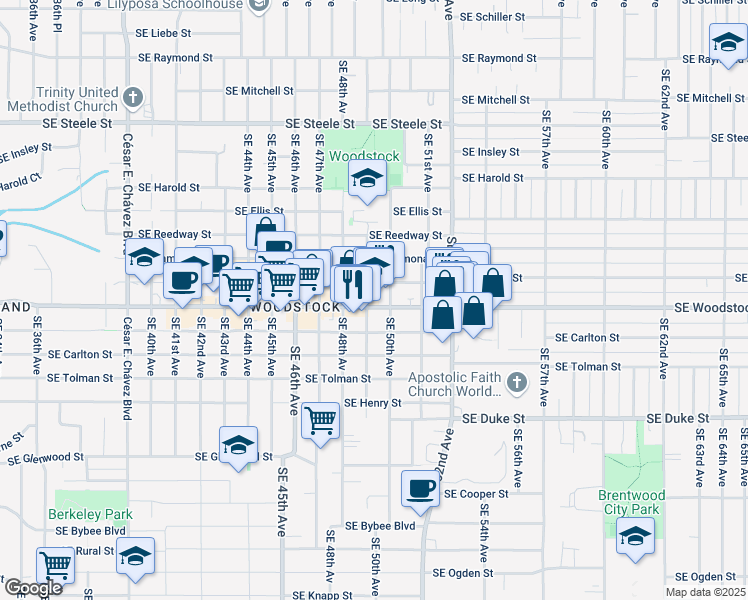 map of restaurants, bars, coffee shops, grocery stores, and more near 5829 Southeast 50th Avenue in Portland