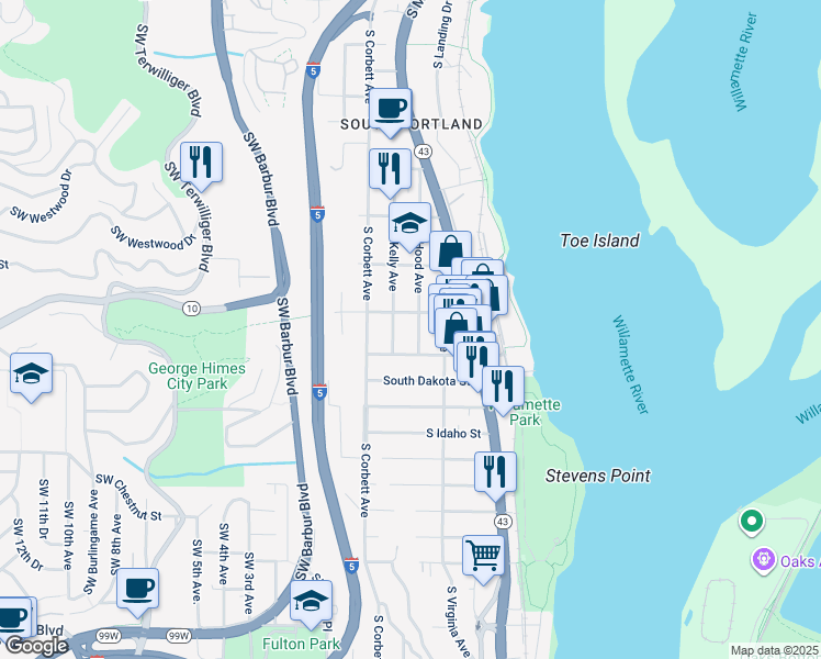 map of restaurants, bars, coffee shops, grocery stores, and more near 6038 South Hood Avenue in Portland