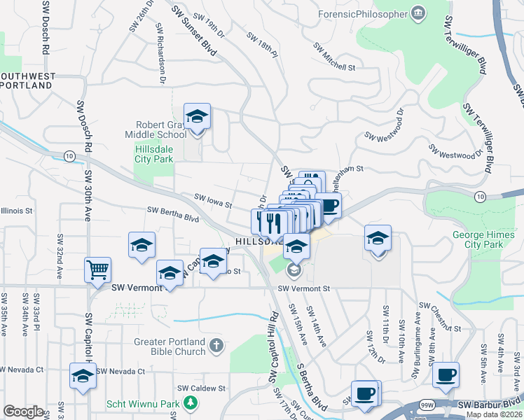 map of restaurants, bars, coffee shops, grocery stores, and more near 1803 Southwest Dewitt Street in Portland