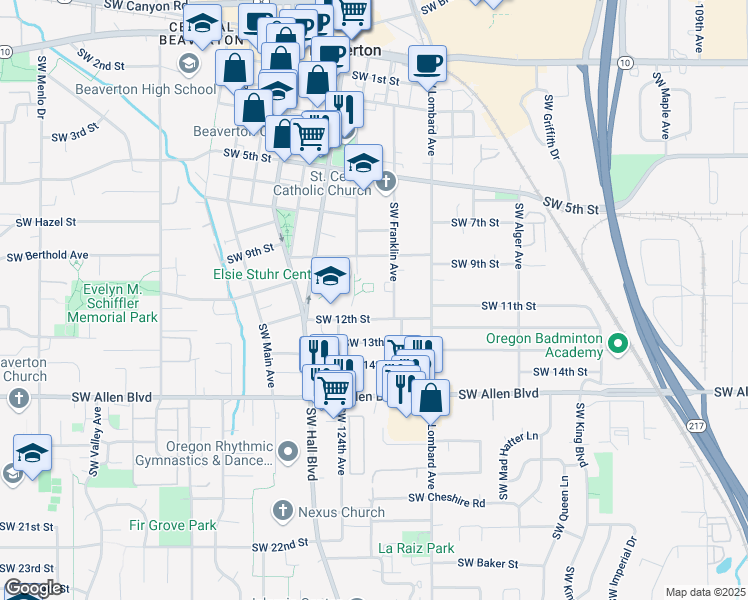 map of restaurants, bars, coffee shops, grocery stores, and more near 5550 Southwest Hall Boulevard in Beaverton