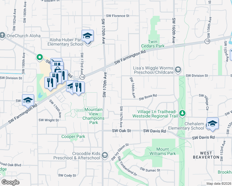map of restaurants, bars, coffee shops, grocery stores, and more near 5518 Southwest Norris Terrace in Beaverton