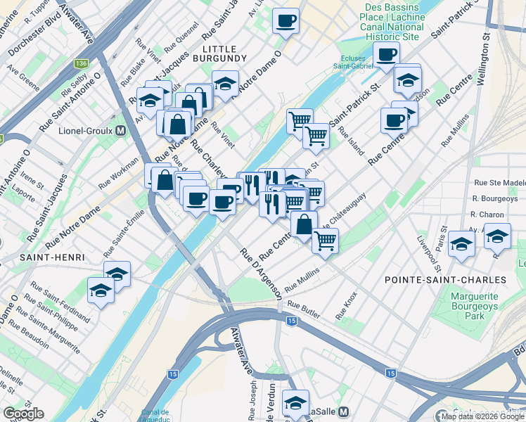 map of restaurants, bars, coffee shops, grocery stores, and more near 2615 Augustin-Cantin Street in Montreal