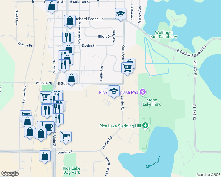 map of restaurants, bars, coffee shops, grocery stores, and more near 430 East South Street in Rice Lake