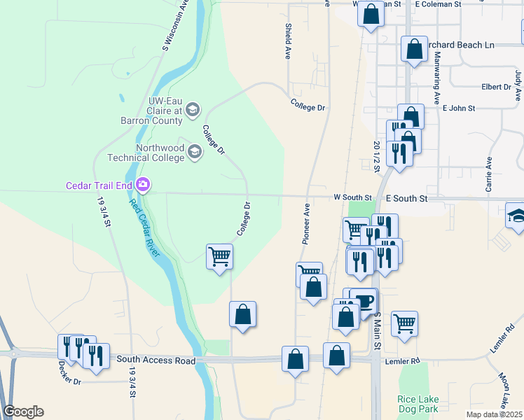 map of restaurants, bars, coffee shops, grocery stores, and more near 314 West South Street in Rice Lake