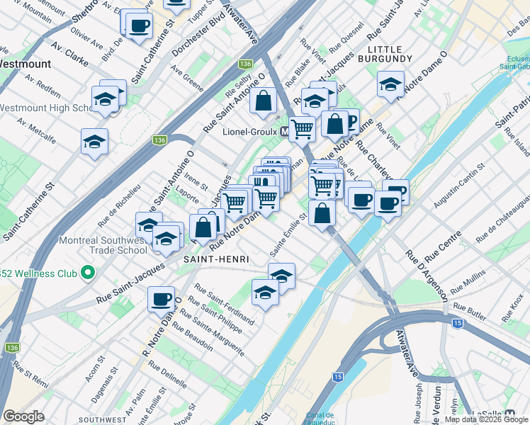 map of restaurants, bars, coffee shops, grocery stores, and more near in Montreal