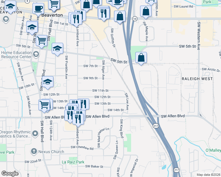map of restaurants, bars, coffee shops, grocery stores, and more near 11555 Southwest 11th Street in Beaverton